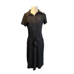 Merona Belted Shirt Dress Black Stretch Knit Midi Button Front Collared S